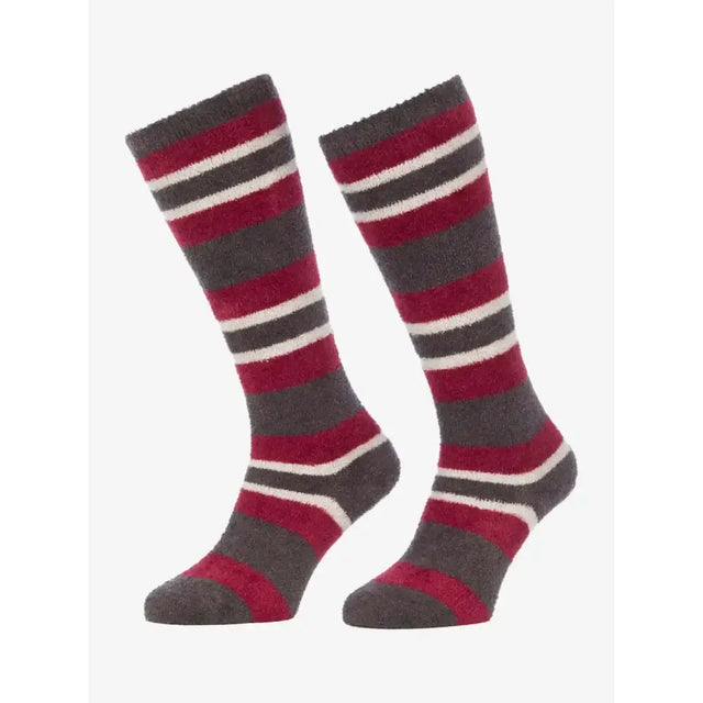 A pair of lemieux sabrina stripe fluffies knee-high socks in deep red dark gray and white to keep your toes toasty