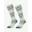 A pair of lemieux sabrina stripe fluffies knee-high socks in soft mint green cream with dark teal accents for toes toasty