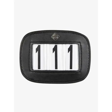 Black leather lemieux saddle number holder with embossed logo and white number display for horse shows