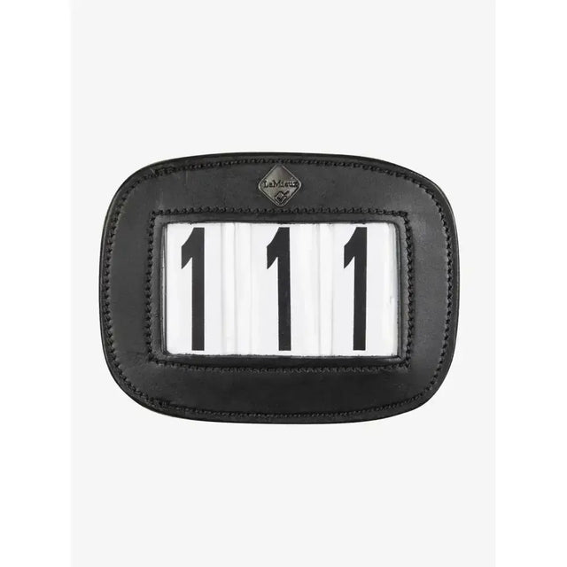 Black leather lemieux saddle number holder with embossed logo and white display showing number 111