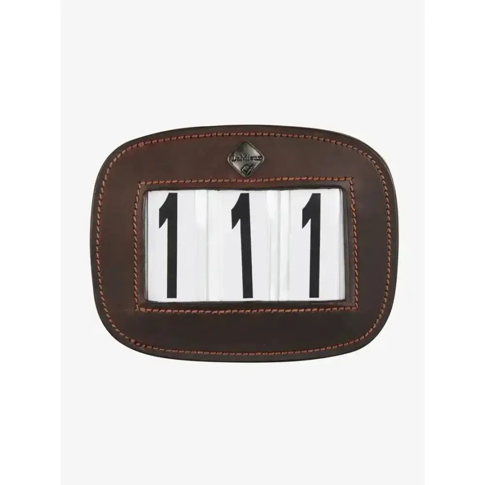 Brown leather lemieux saddle number holder displaying 111 on white panels with black numerals for easy identification