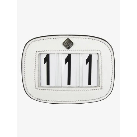 Lemieux saddle number holder in white leather with black numerals and silver stitching for 4 spaces saddle use