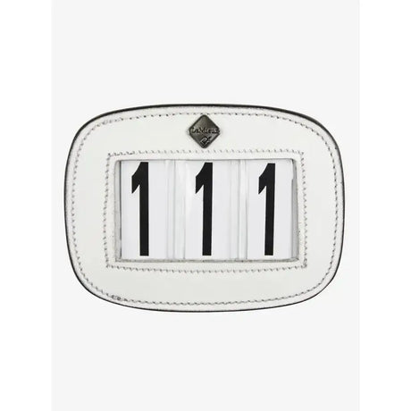 White leather framed lemieux saddle number holder with black numerals 111 and diamond shaped logo on top