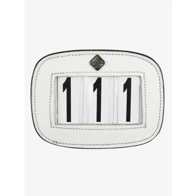 White lemieux saddle number holder made of leather with black numerals 111 and diamond logo on top