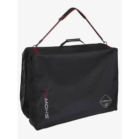 Black lemieux saddle pad bag with red accents and mesh side panel for easy storage and ventilation