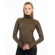 Olive green turtleneck sweater on blonde model, showcasing Lemieux Sara Snood Base Layer Alpine