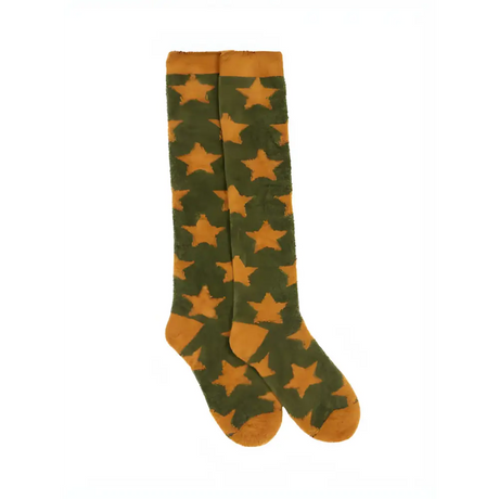 Knee-high Lemieux Sasha Star Fluffies Alpine socks with green and yellow star pattern