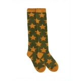 A pair of olive green lemieux sasha star knee-high socks with mustard yellow stars and matching toes and cuffs