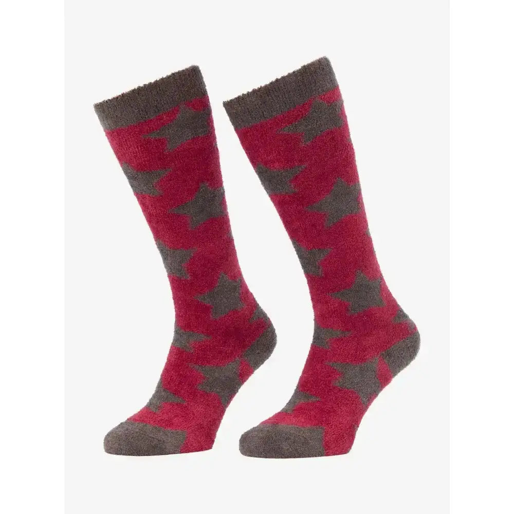 Red and gray fuzzy socks with star patterns in lemieux sasha star fluffies ember for cozy wear