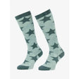 A pair of lemieux sasha star light gray socks with dark green star fluffies petrol ribbed cuffs toes and heels