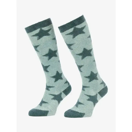 A pair of lemieux sasha star light gray socks with dark green star fluffies petrol ribbed cuffs toes and heels