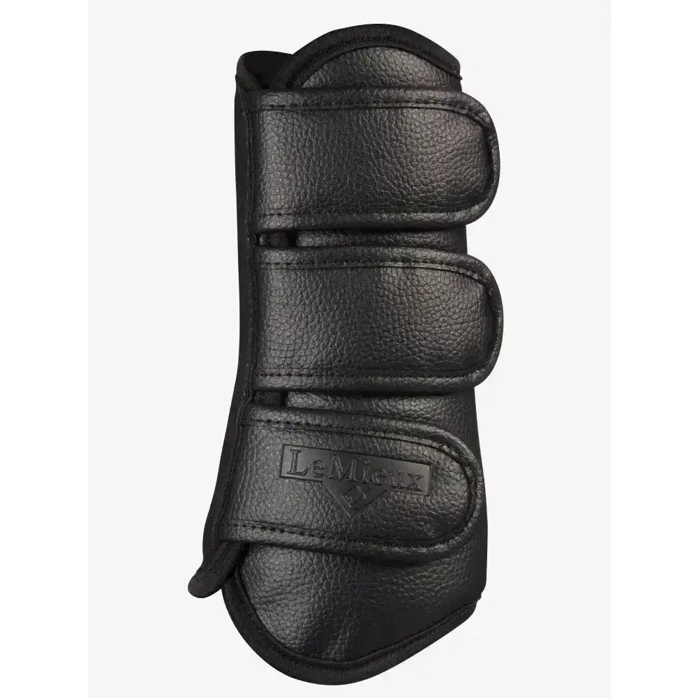 Black leather lemieux schooling boots with three velcro straps and strike proof shell for school use