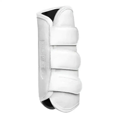 Lemieux schooling boots white horse leg guard with strike proof shell, three velcro straps, and black interior lining