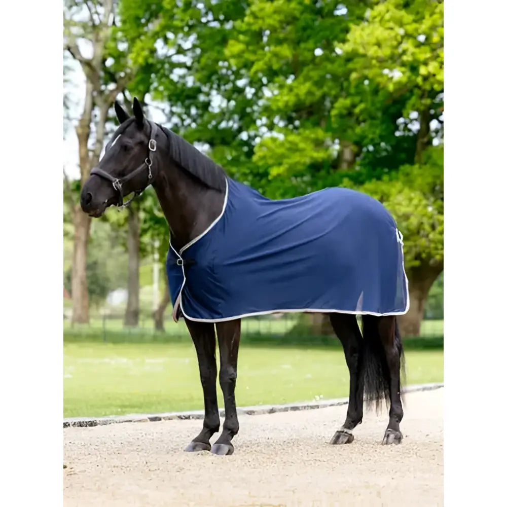 Navy blue lemieux scrim horse blanket with white trim perfect for all seasons and outdoor use