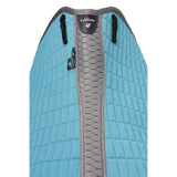 Light blue lemieux self-cool dressage square cool blue saddle pad with quilted design gray strip and black leather branding