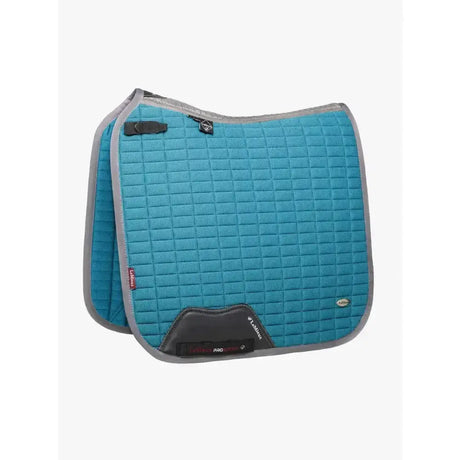 Turquoise quilted lemieux self-cool dressage square with gray trim and black accents featuring lambskin pro branding