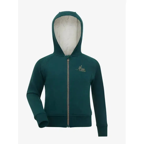 Dark green lemieux sherpa lined lily hoodie spruce with white fleece hood and gold embroidery for cold winter days