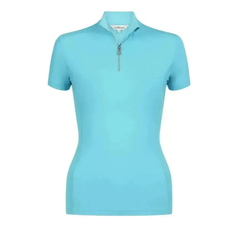 A lemieux short sleeve base layer azure in light blue with a zipper collar and lemieux brand tag
