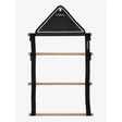 Black fabric rug hanging rack with light wood rungs and white stitching branded lemieux for rug hanging