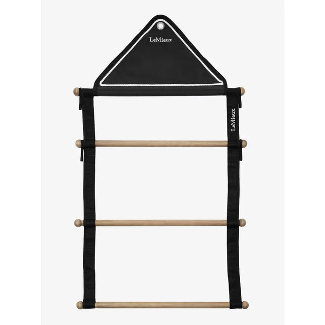 Black fabric rug hanging rack with light wood rungs and white stitching branded lemieux for rug hanging