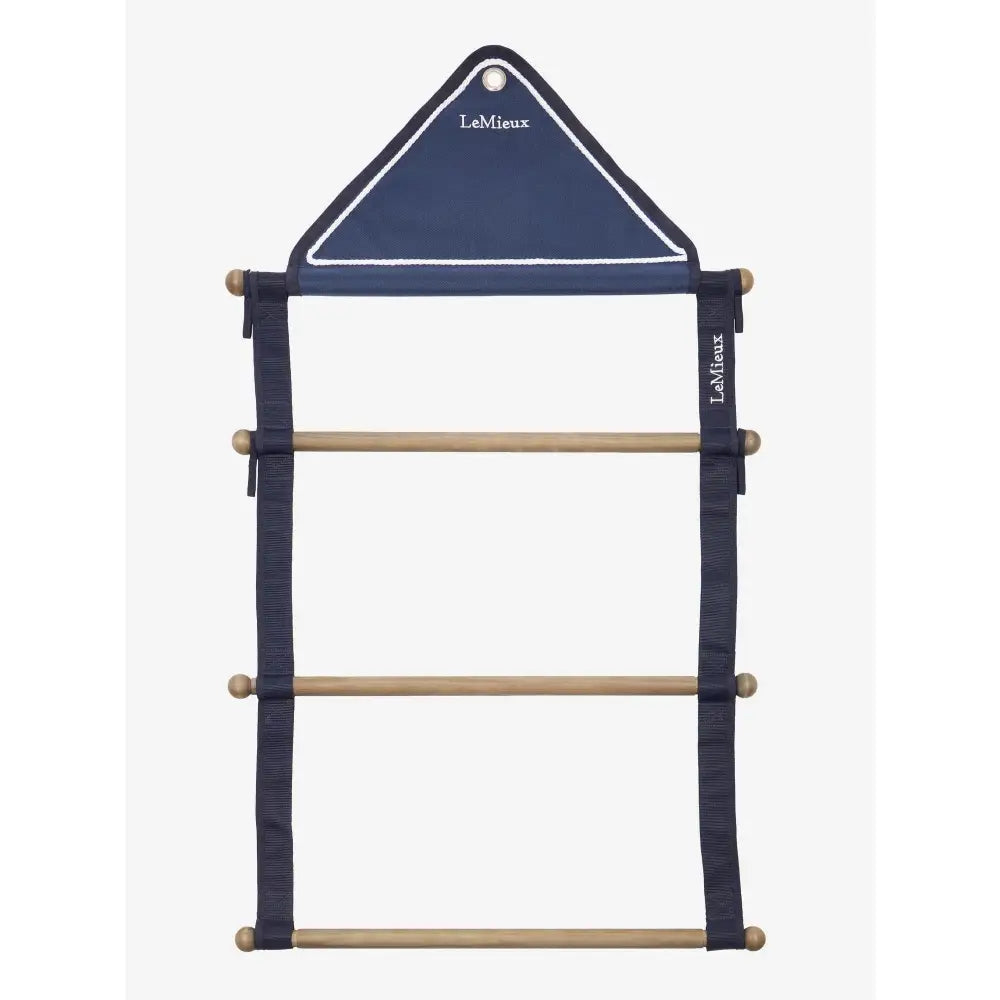 LeMieux show rug hanging rack navy with navy blue fabric, light wood rungs, and white stitching for easy rug hanging