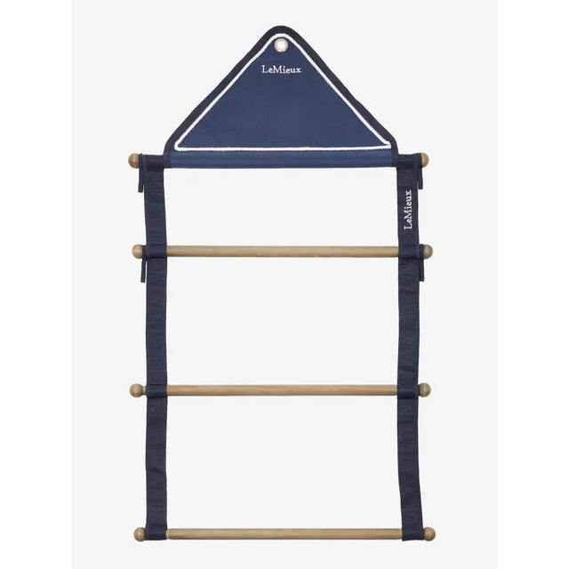 LeMieux show rug hanging rack navy with navy blue fabric, light wood rungs, and white stitching for easy rug hanging
