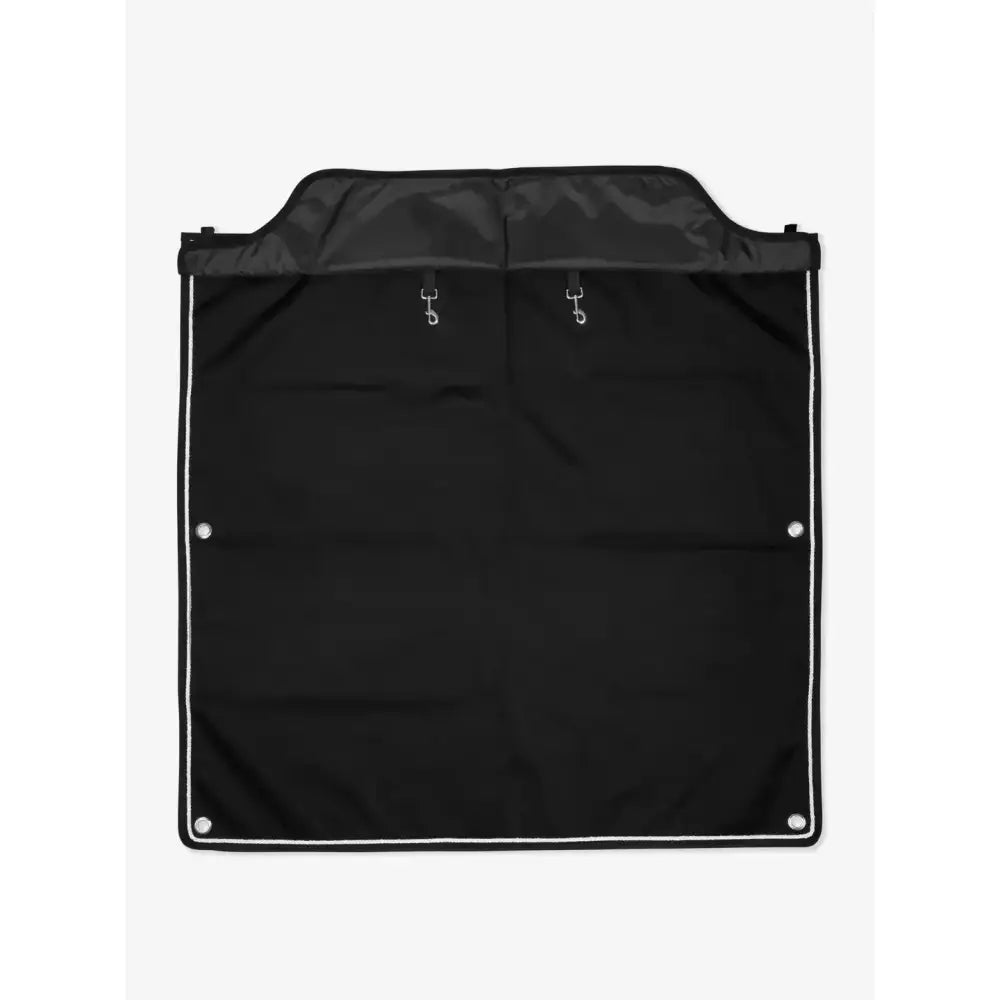 Black fabric car seat cover with white trim and silver grommets from LeMieux stable drape black collection