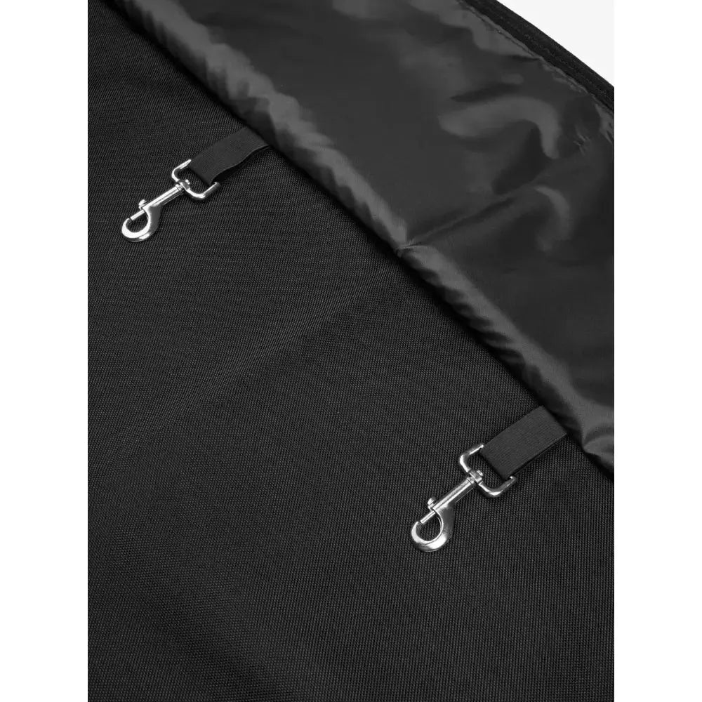Black fabric dog carrier with shiny black nylon lining and silver metal d-rings from lemiuex show stable drape black