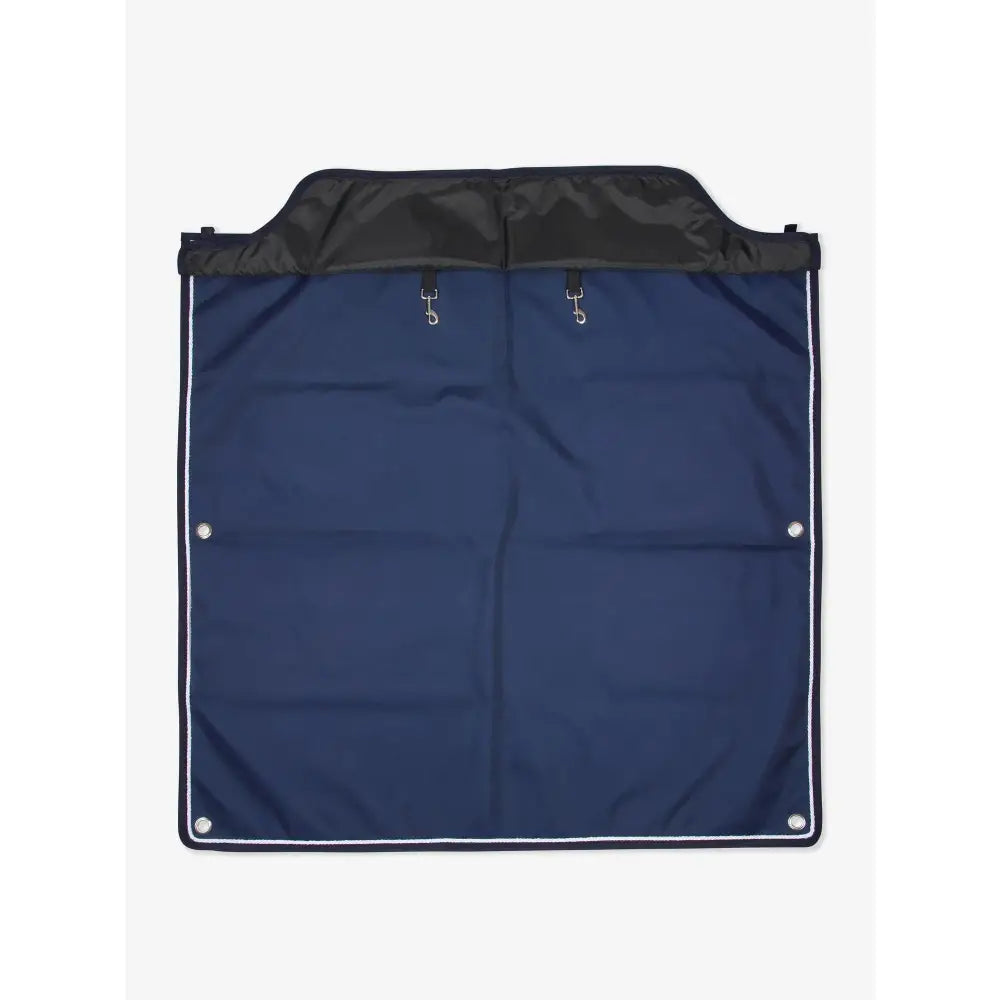 Navy blue stable drape navy horse blanket with black reinforced top edge and white stitching by lemiuex