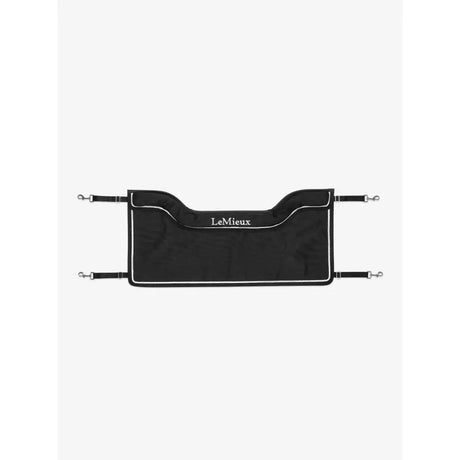 Black lemieux stable guard black saddle pad with white trim and silver metal hardware for show use