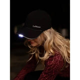 Black lemieux showerproof torch cap with white embroidered logo and integrated click-on torch on the brim