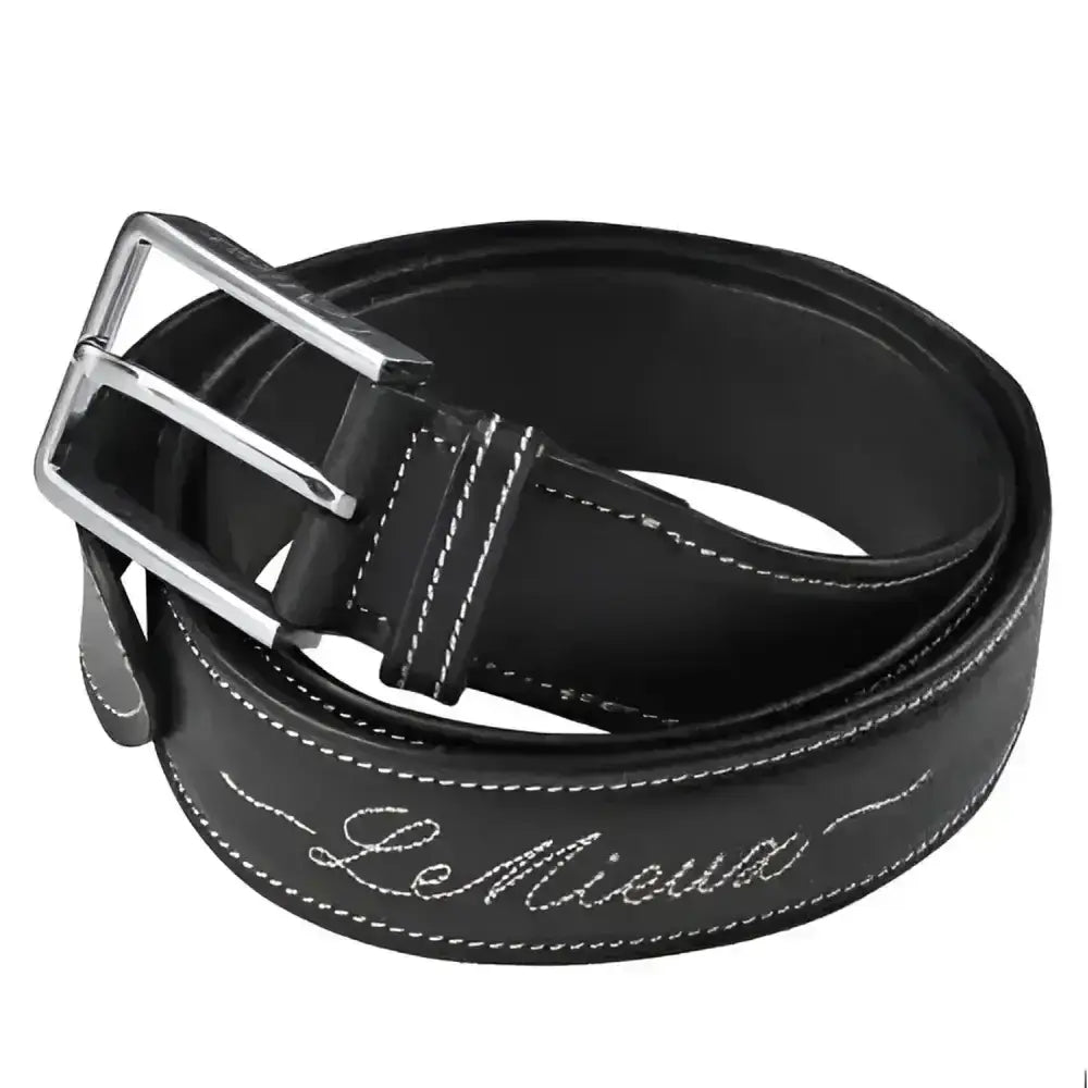 Le mieux signature belt black is a quality leather belt with silver buckle white stitching and embroidered logo detail