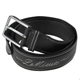Le mieux signature belt black is a quality leather belt with silver buckle white stitching and embroidered logo detail
