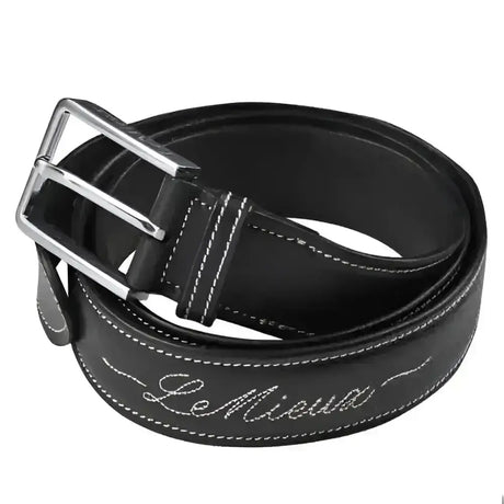 Le mieux signature belt black is a quality leather belt with silver buckle white stitching and embroidered logo detail