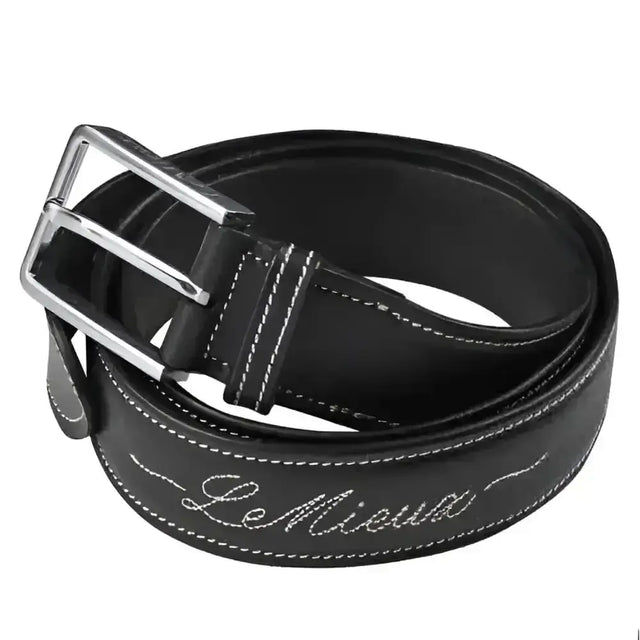 Le mieux signature belt black is a quality leather belt with silver buckle white stitching and embroidered logo detail