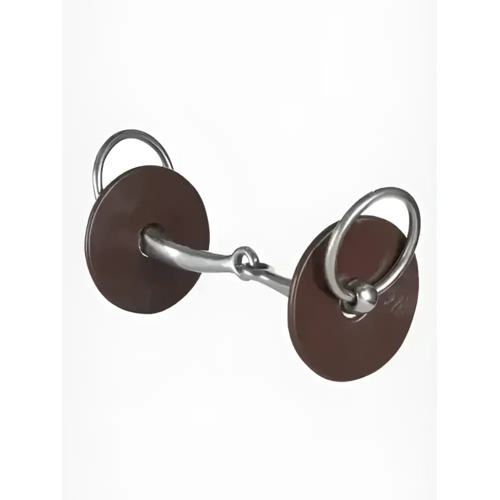 Brown leather-covered horse bit with silver metal mouthpiece and lemieux silicone bit rings for pliable silicone making