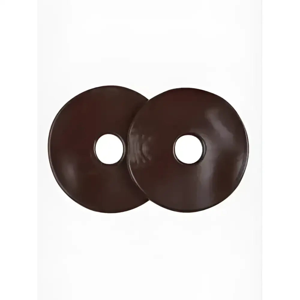 Two dark brown glossy lemieux silicone bit rings made from pliable silicone with central holes for secure fitting