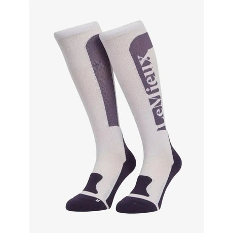 White and dark gray lemieux silicone socks lilac with breathable mesh panel on the side for comfy riding use