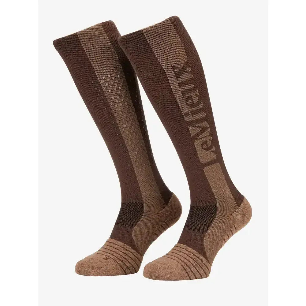 Brown and tan lemieux silicone socks walnut with diamond print silicone and vivien brand name on textured knit design