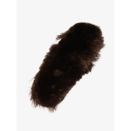 A plush dark brown lemieux simuwool chin guard with soft faux lambswool noseband and rounded toe design