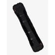 Black faux fur lemieux simuwool dressage girth cover with ribbed texture and gray plastic buckles in black