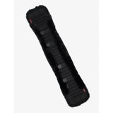 Black faux fur lemieux simuwool dressage girth cover with ribbed texture and gray plastic buckles in black
