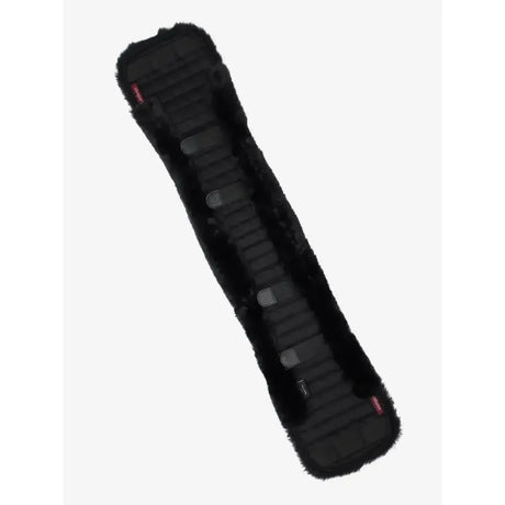 Black faux fur lemieux simuwool dressage girth cover with ribbed texture and gray plastic buckles in black