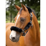 Black lemieux simuwool faux lambskin headcollar set with fleece lining and silver hardware for horses