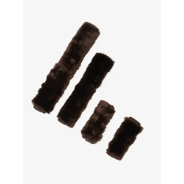Dark brown plush fur lemieux simuwool car seat belt covers with faux lambskin headcollar set in varying lengths