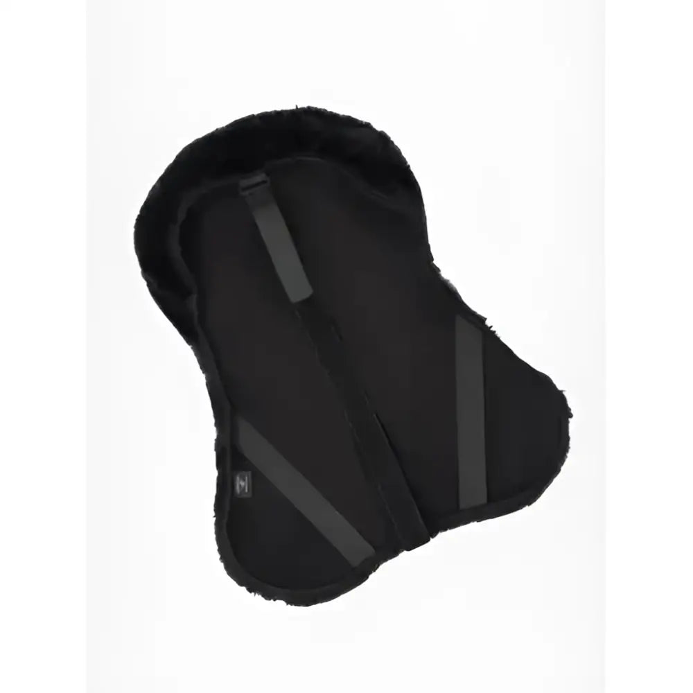Black sheepskin lemieux simuwool seat saver with plush edges and reinforced straps for comfy saddle support