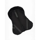 Black sheepskin lemieux simuwool seat saver with plush edges and reinforced straps for comfy saddle support