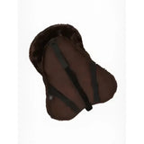 Brown lemieux simuwool seat saver with faux fur and black straps for extra comfort on horse saddles