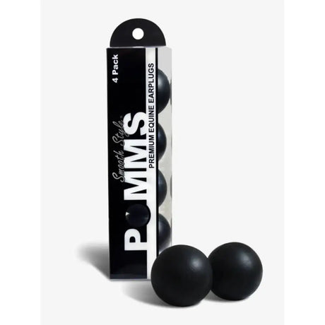 Black spherical earplugs in sleek black and white packaging for equestrian health international smooth pomms use