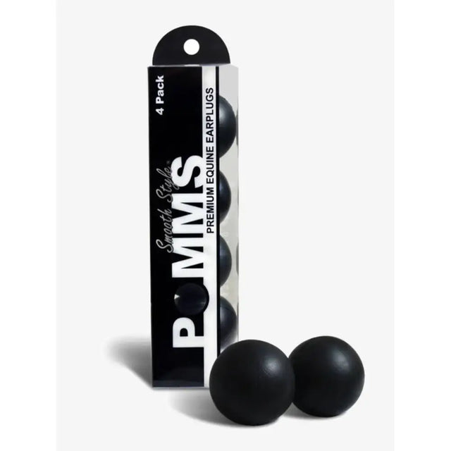 Black spherical earplugs in sleek black and white packaging for equestrian health international smooth pomms use